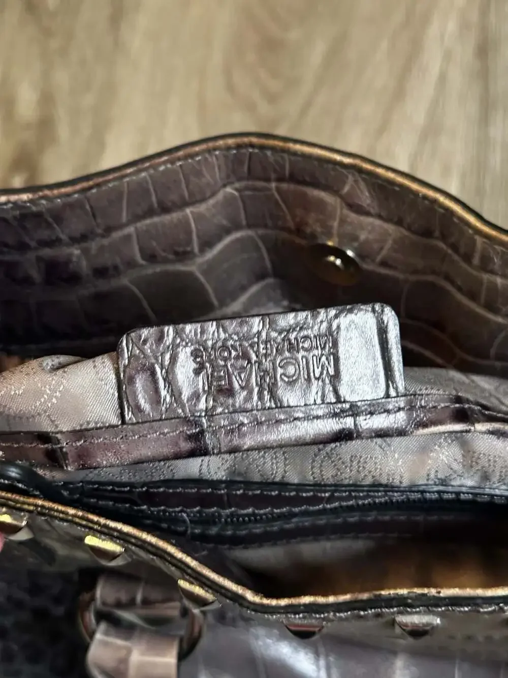 Michael Kors Grey Croc Embossed Leather Studded Hamilton Tote Bag